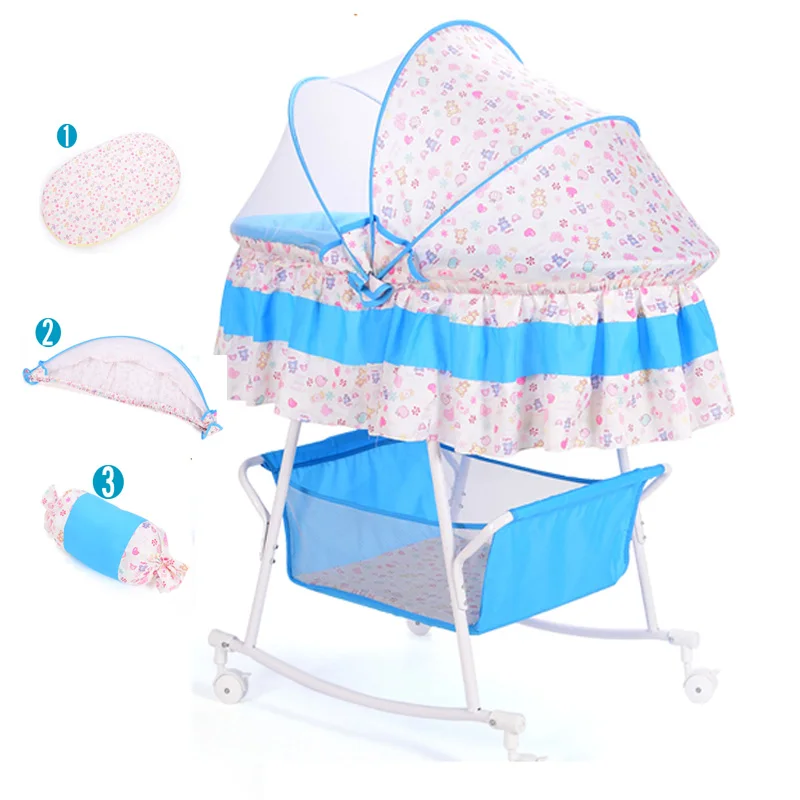 Baby Cradle, Infant Bed Toddler Pram, Newborn Baby Shaker With Mosquito Net and Mattress, Washable Fabric Baby Bed with wheels