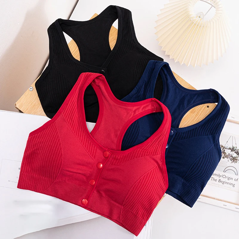 

Women Button Front Sports Bra Solid Color Running Workout Wirefree Bra Female Fitness Underwear Bra