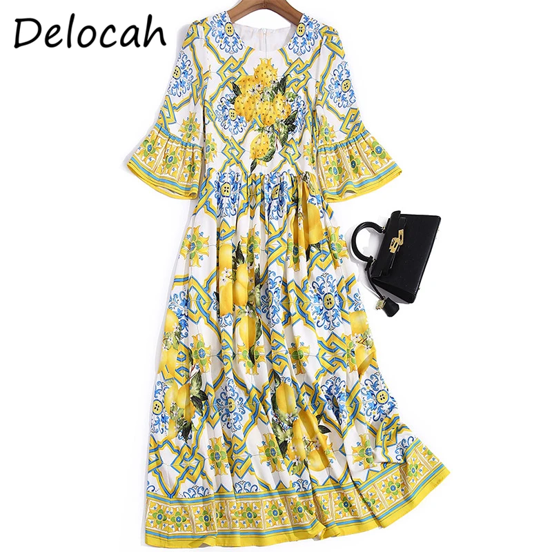 

Delocah New 2021 Summer Women Fashion Runway Boho Holiday Maxi Dress Flare Sleeve Gorgeous Crystal Beading Printed Long Dresses