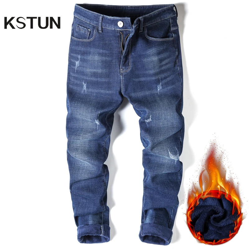 

Winter Jeans Men Warm Blue Slim Straight Fashion Thicken Denim Trousers Fleece Stretch Brand Pants Male Jeans Business Casual