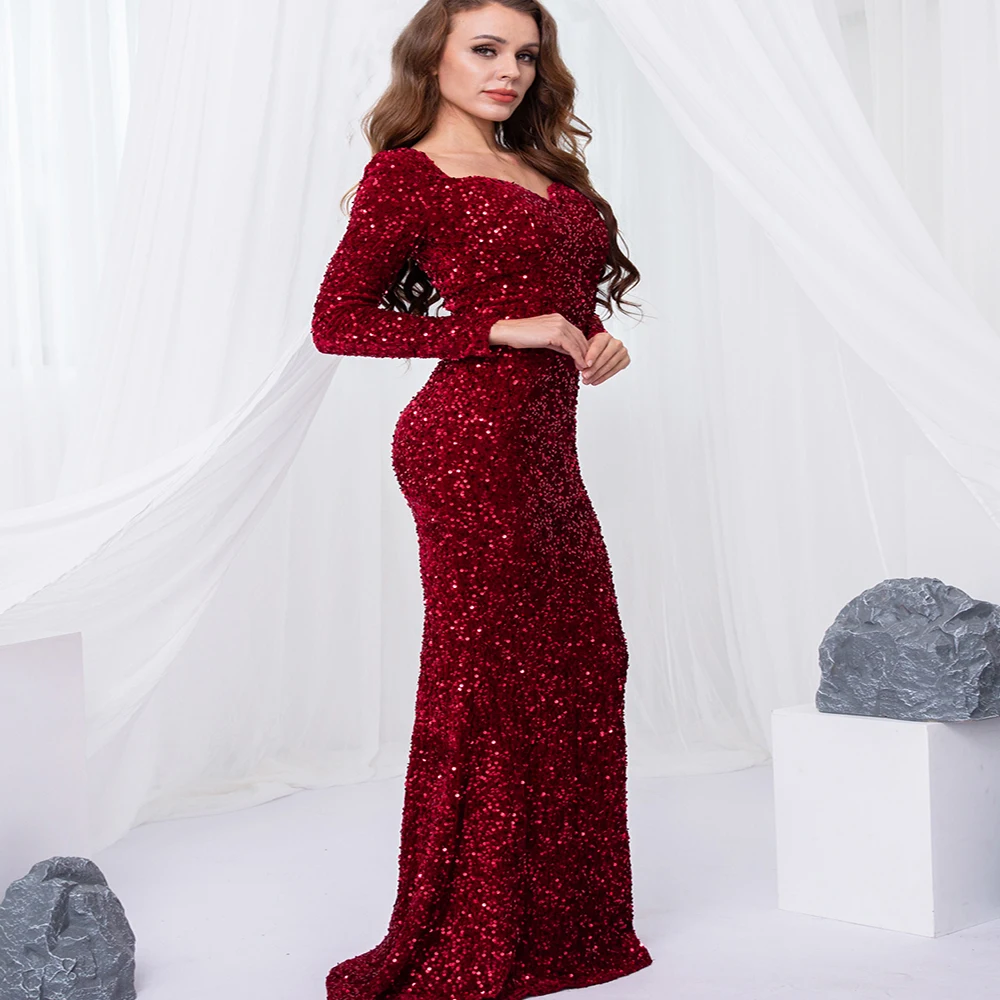 

Luxury Bling Burgundy Prom Dresses V Neck Sequined Beaded Long Formal Banquet Annual Meeting Evening Gowns
