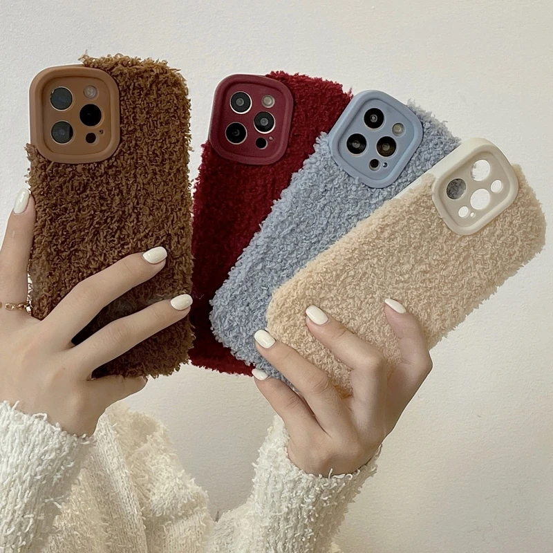 

Retro Art Fuzzy Plush Solid Color Korean Phone Case For iPhone 11 12 13 Pro XS Max X XR 7 8 Plus Cute Winter Soft Back Cover
