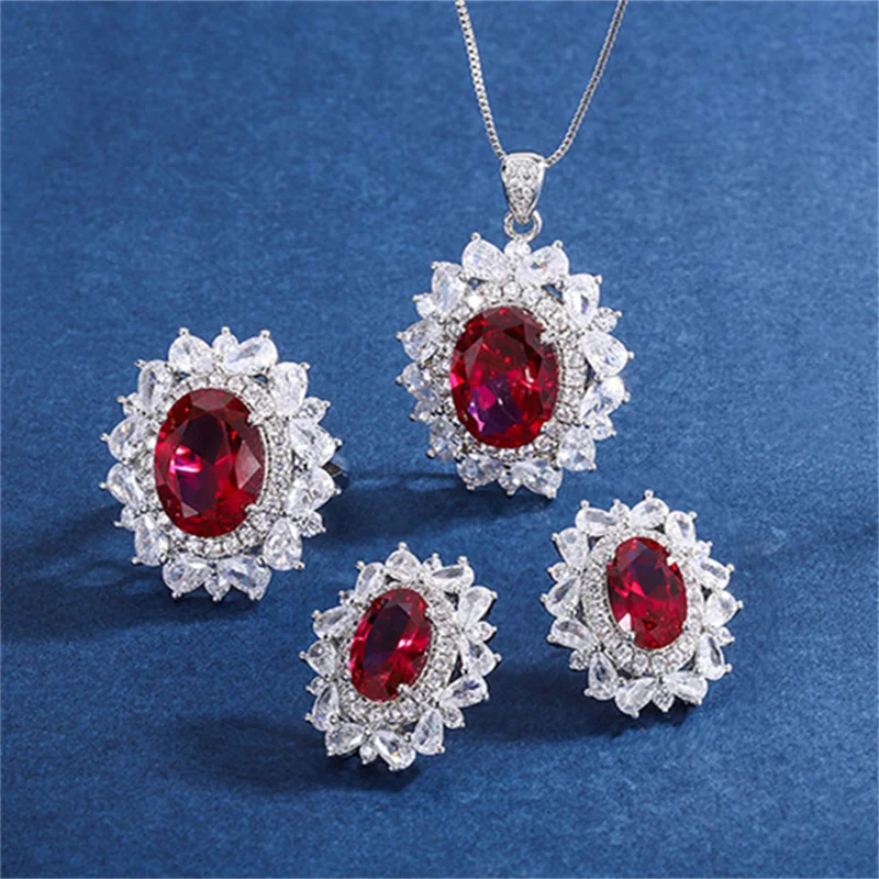 

QTT Luxury Red Oval AAA Cubic Zircon Wedding Earrings Ring Necklace Set For Women Bridal Jewelry Sets Party Accessories Gift