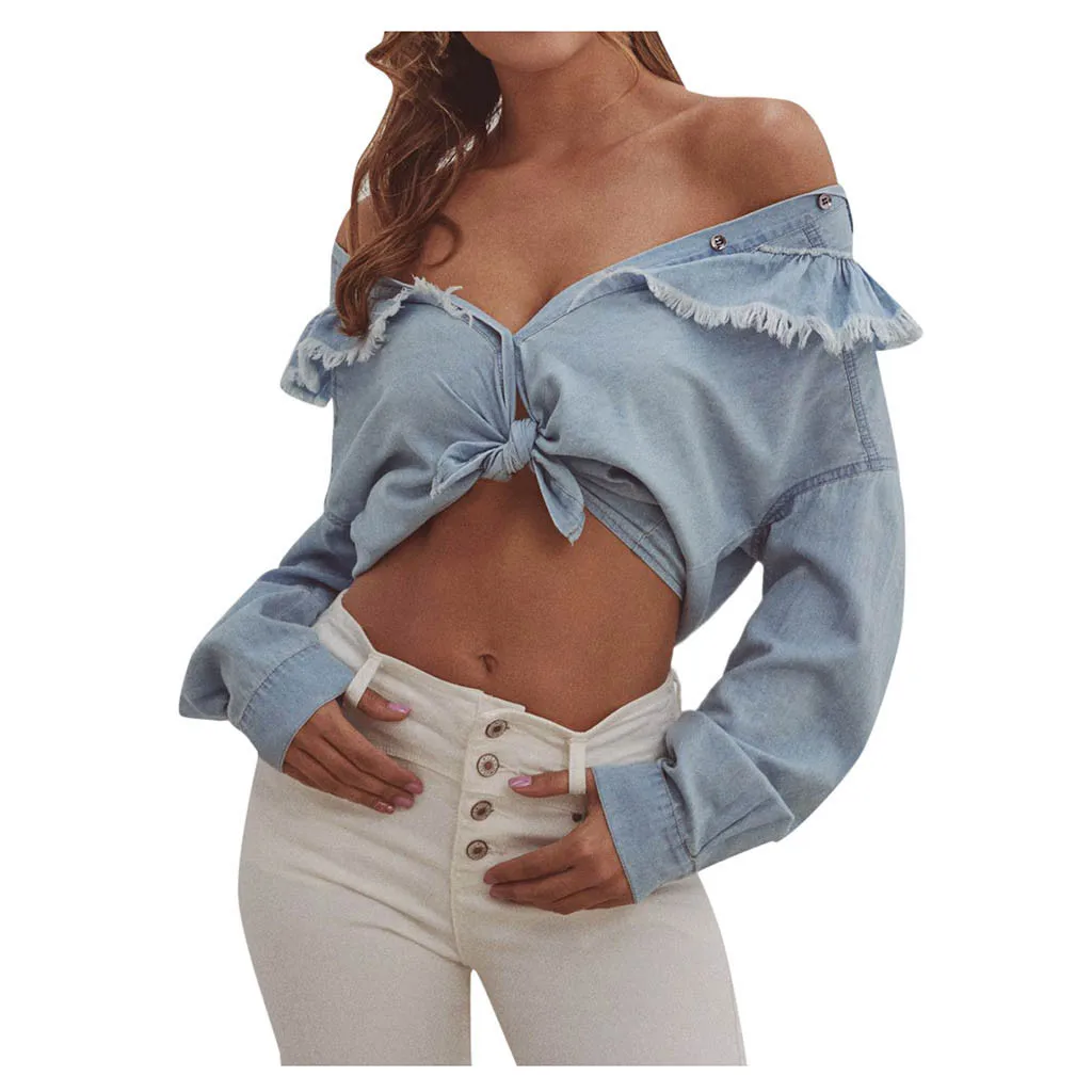 Новинка джинсовая весенне осенняя футболка с длинным рукавом повседневные