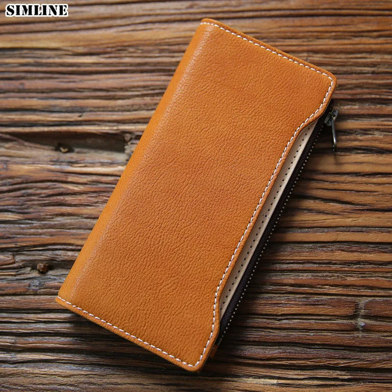 

SIMLINE Genuine Leather Wallet For Men Women Cowskin Vintage Handmade Long Clutch Purse With Card Holder Zipper Coin Pocket Bag