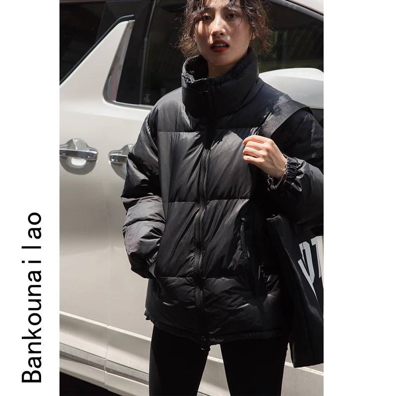90 White Duck down Jacket Women's Winter New Korean Style Loose Thick Black Stand Collar Bread Coat Cotton Coat Jacket