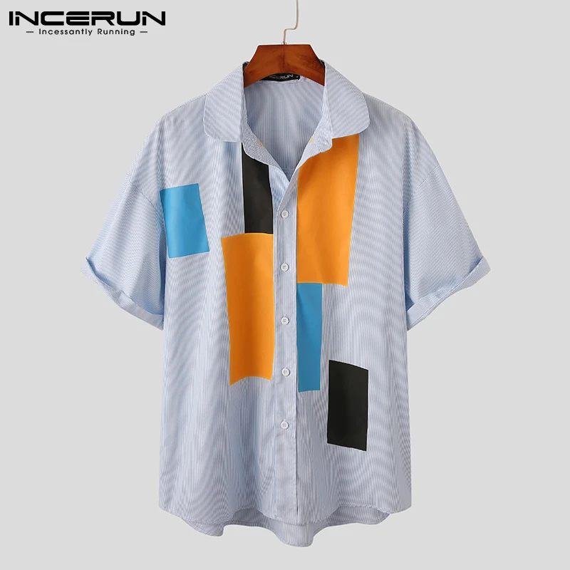 

INCERUN Men Casual Shirt Color-block Striped Lapel Short Sleeve Streetwear Camisas 2021 Summer Leisure Tops Men Clothing S-5XL