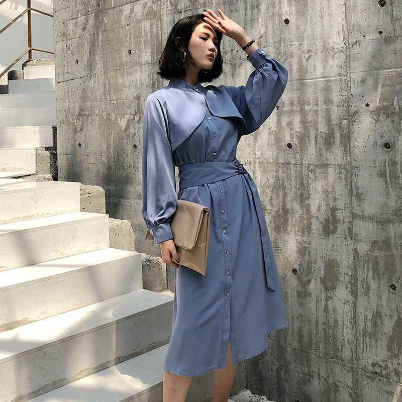 

Women Long-coat Fashion Long Autumn Coat Casual Outwear Solid Overcoat Trench Coat Blue & Brown Office Lady Loose Windbreaker