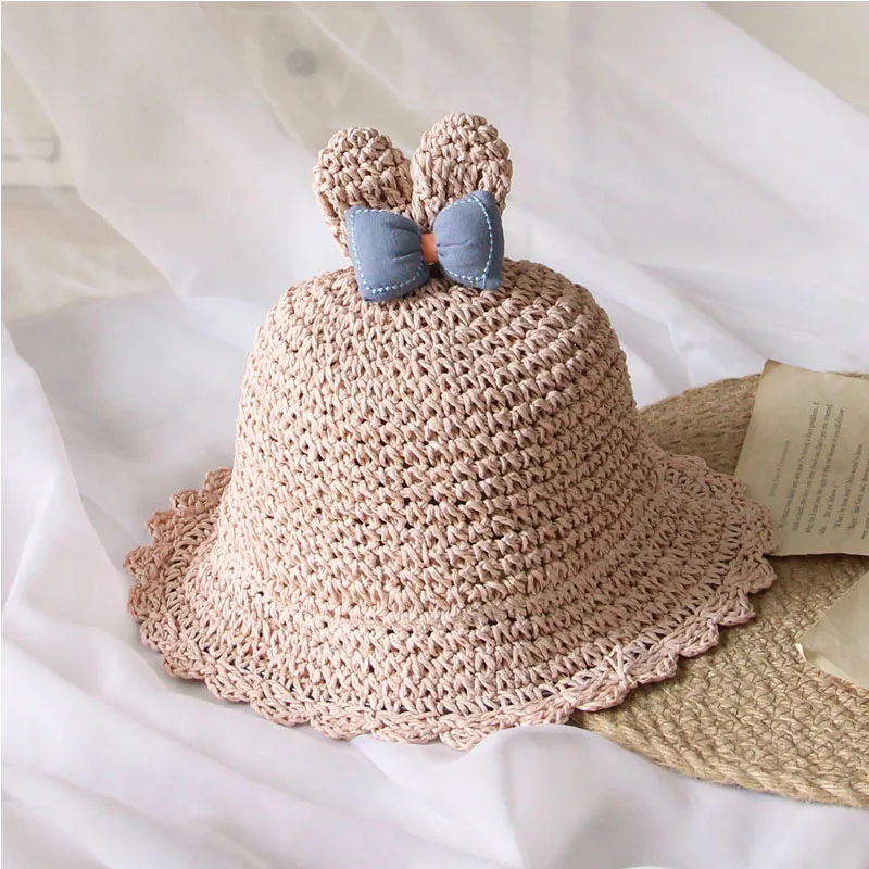 

Girls Sweet Cartoon Hats 2021 New Fashion Kids Baby Summer Straws Hat Holiday Bowknot Accessories Children Cute Caps Baby Hat