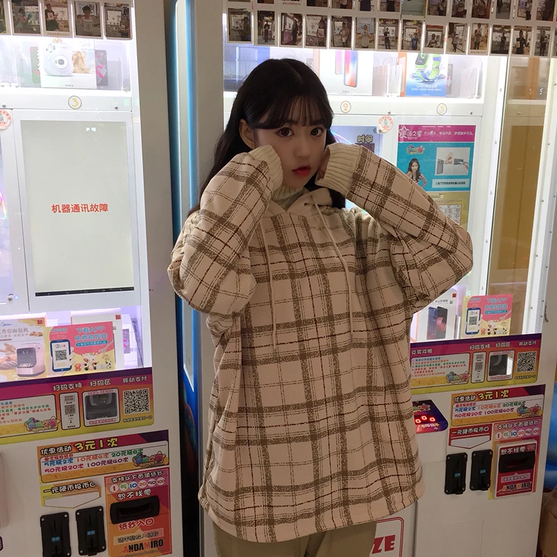 Harajuku флисовые кофты Женские клетчатые водолазки толстовки женские с длинным рукавом Повседневные Большие размеры пуловер с капюшоном одежда толстовка