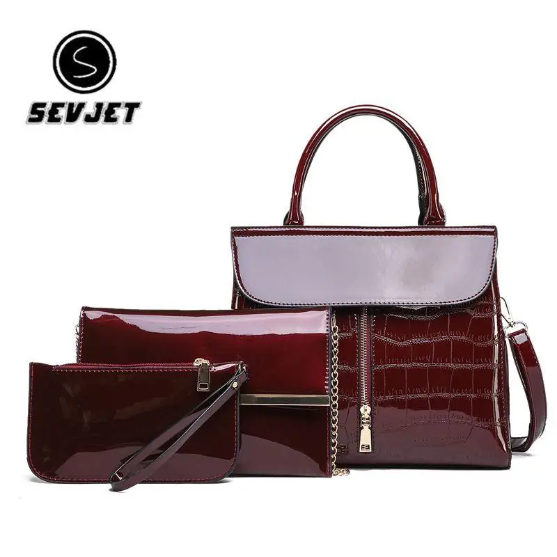 3Pcs Luxury Patent Leather Handbags Women Bags Designer Brand Famous Tote+Female Shoulder Crossbody Bags+Clutch Purse Bag Sets | Багаж и