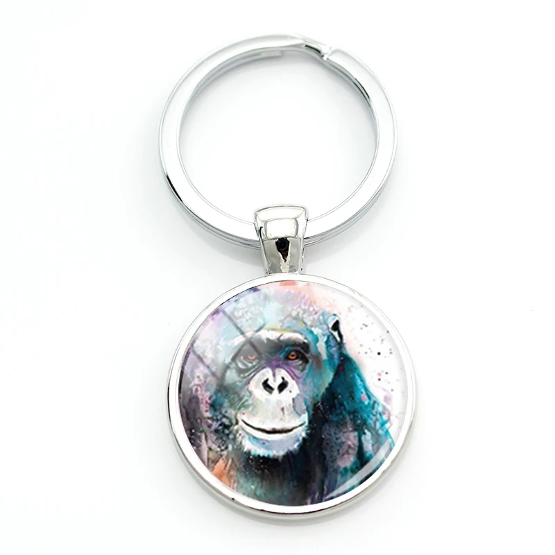 

TAFREE Black Chimpanzee Keyrings Orangutan Painting Glass Key Holders Pongo Pygnaeus Metal Animal Jewelry For Men Car