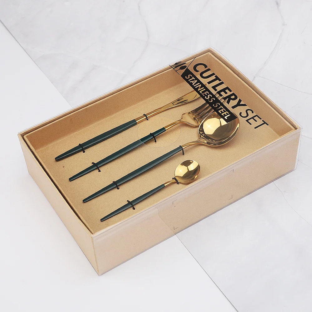 

Green Gold Cutlery Stainless Steel Polishing Fork Spoons Knives Set Golden Tableware Set Luxury Dinnerware Set Kitchen Flatware