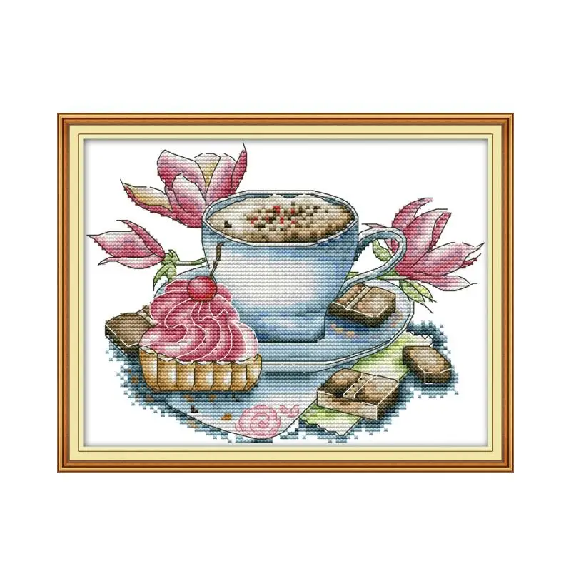 Teacup and cake cross stitch kit aida 14ct 11ct count print canvas stitches embroidery DIY handmade