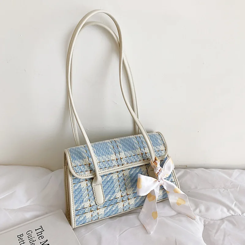 

2021 New Trendy Fashion Shoulder Bag Popular Underarm armpit Handbags Blue Plaid Scarf Bow Woolen Cloth Flap Small Bag