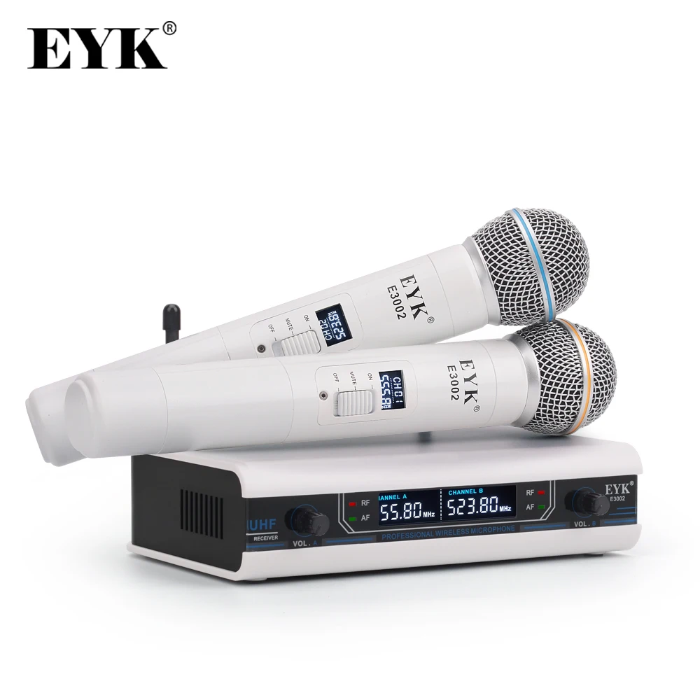 EYK E3002 профессиональный УВЧ караоке беспроводной микрофон Система длинный Диапазон двойной металлический ручной микрофон передатчик с функцией отключения звука