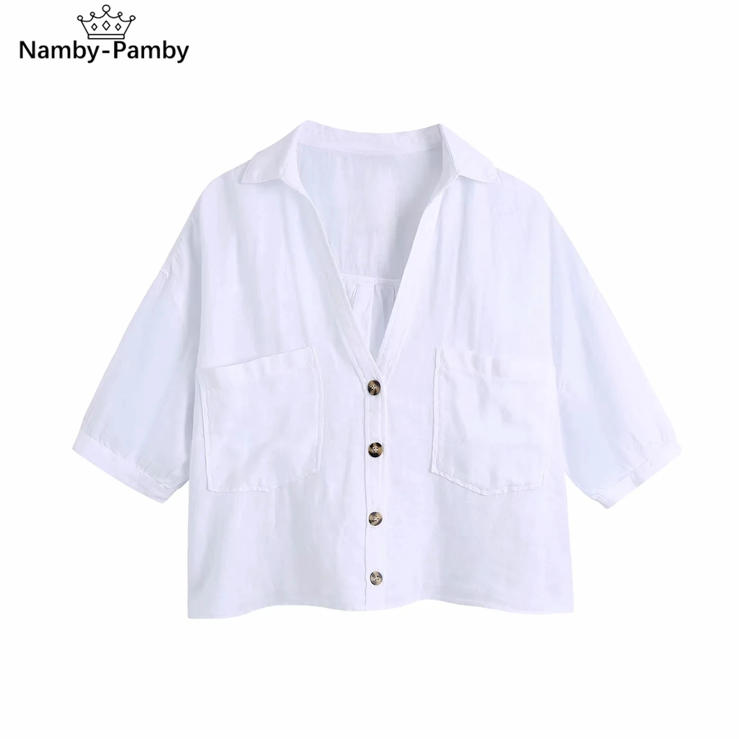 

Za 2021 Cropped Linen Summer Shirt Women Short Sleeve Button Up Vintage Top Mujer Patch Pockets candy colors Blouse lapel Blusas