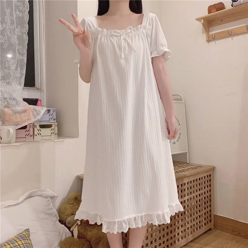 2021 Summer Princess Nightdress Women's Short Sleeve Thin Court Style Sweet Lace Nightgown Lady Mid Long Dress Female Sleepwear