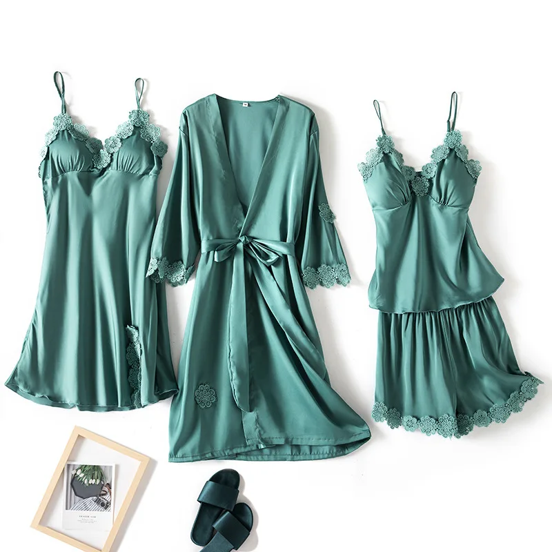 

Spring 4 Pieces Women Green Satin Pajamas Sets Pyjamas Sleepwear Summer Sexy Lace Fashion Homewear