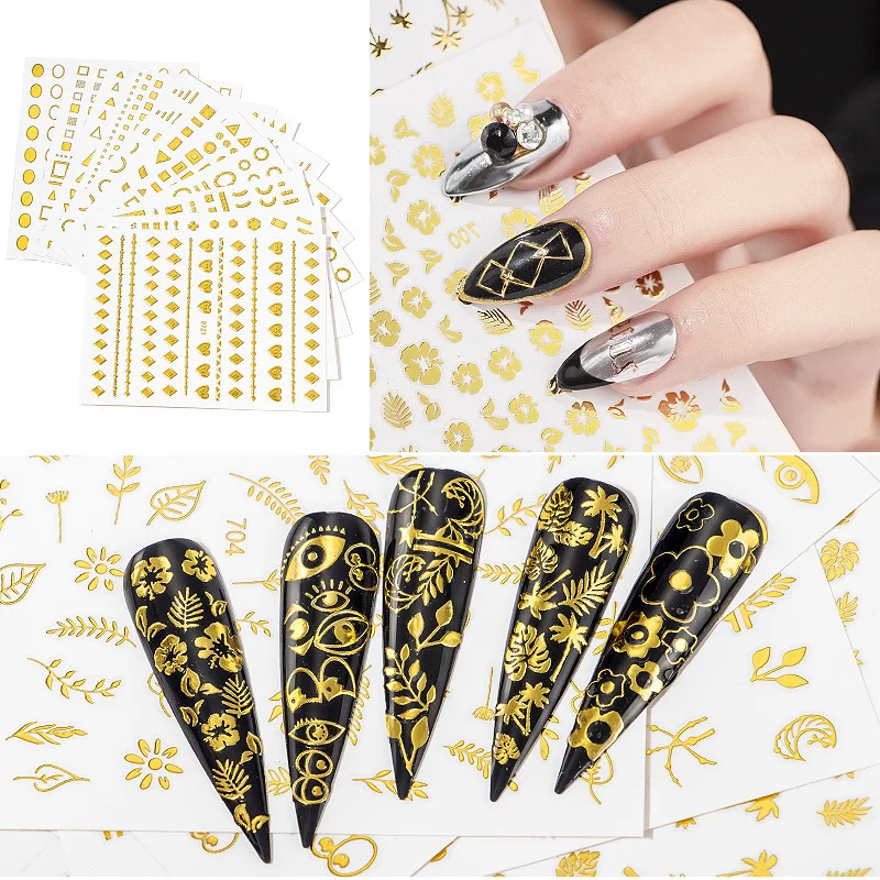 

3D Classic Nail Art Hot Stamping Sticker Decal Golden Leaves Flowers Lips Triangle Design Self-adhesive Paper Nail Art Decoratio