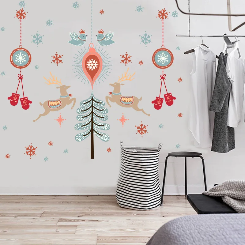 

Merry Christmas Colorful Deer Birds Snowflake Gloves Cartoon Wall Sticker Bedroom Window Glass Door Mural Decal Wall Decals