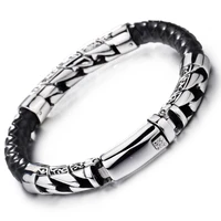 punk mens bracelet stainless steel curb link chain with black leather wristband bangle jewelry 22cm