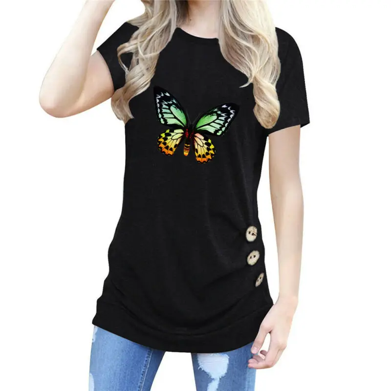 

Women t Shirt Butterfly Print Short Sleeve Crew Neck T Shirt Casual Summer Tops Tees Button Slim t Shirt Women Tops