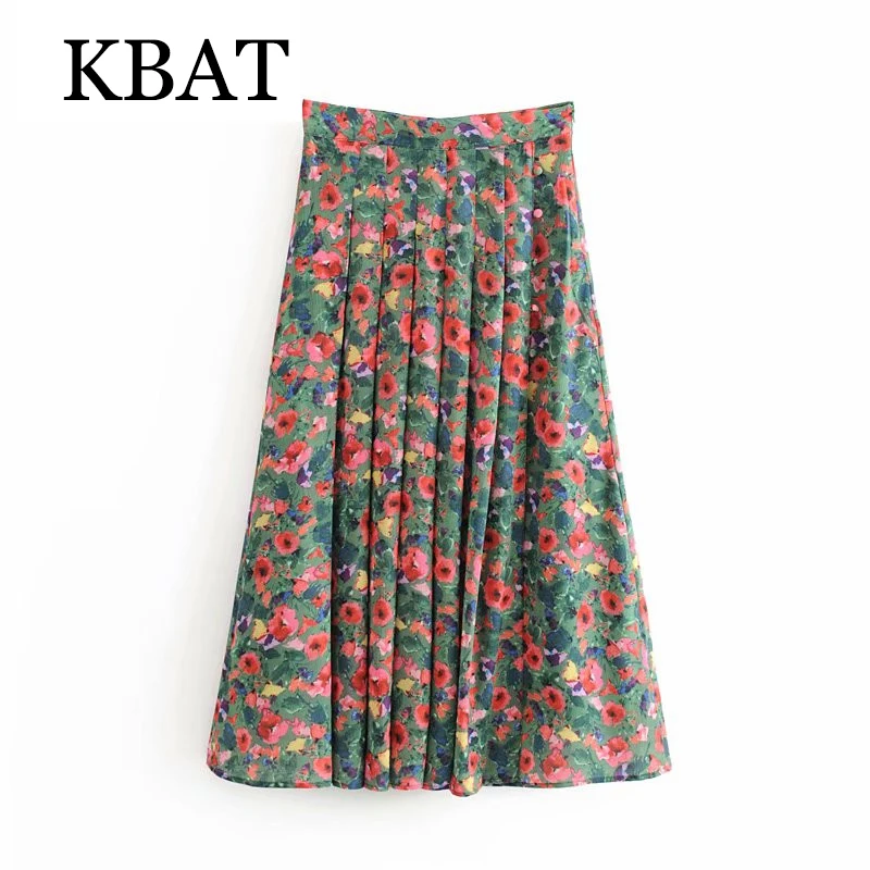 2023 Spring Vintage Green Long Skirt High Waist Print Skirt Holiday Pleated Skirt Split Elegant Bohemian Beach Floral Skirt images - 6