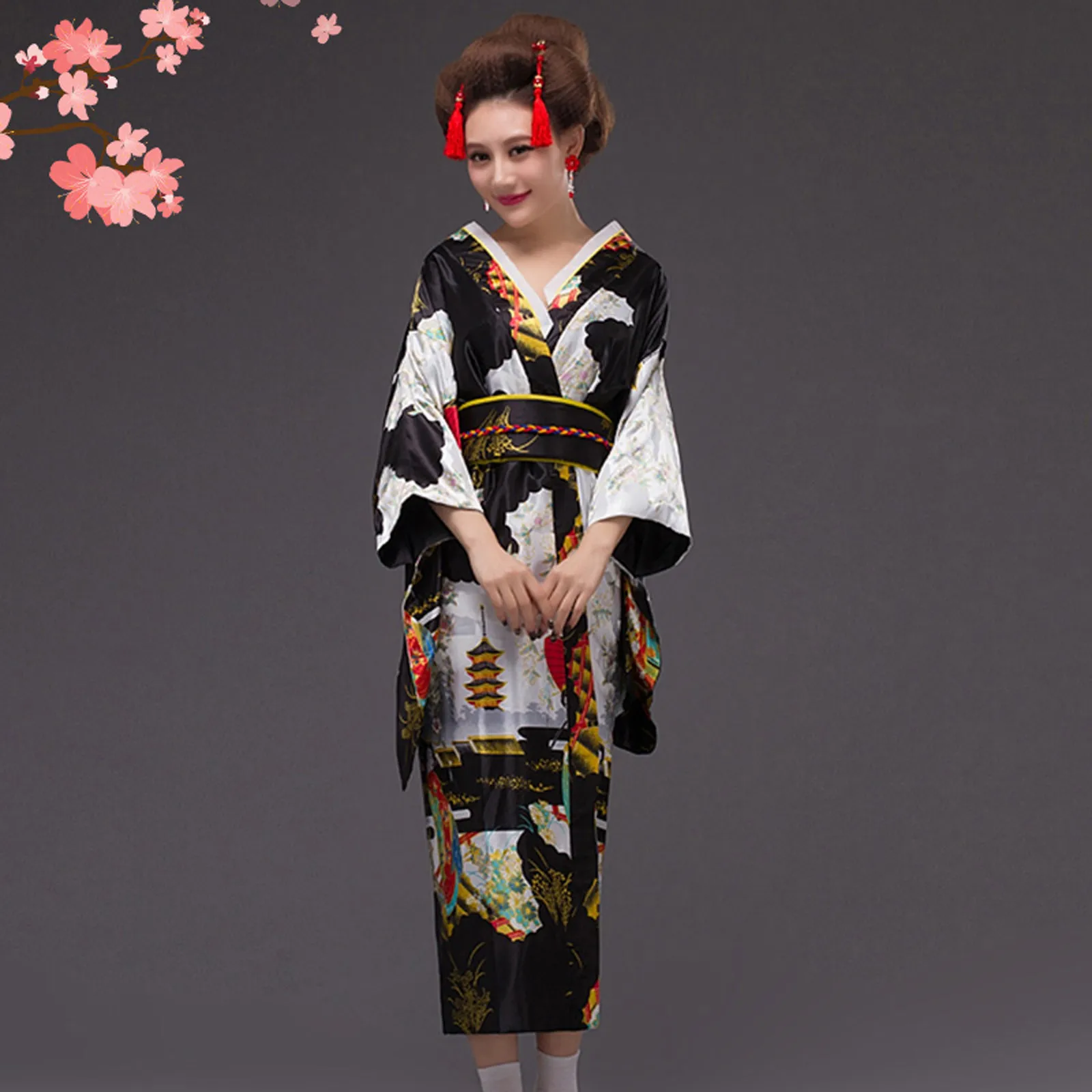 

Kimono Sakura Girl Japanese Style Floral Print Vintage Dress Woman Oriental Camellia Love Costume Haori Yukata Asian Clothes