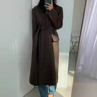autumn and winter 2021 new coat womens solid color versatile thin lace up long knee temperament wool coat leisure