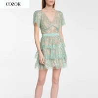 luxury sequins mini dress 2021 summer sexy double vneck backless mint green cake mesh party dress high quality women clothes