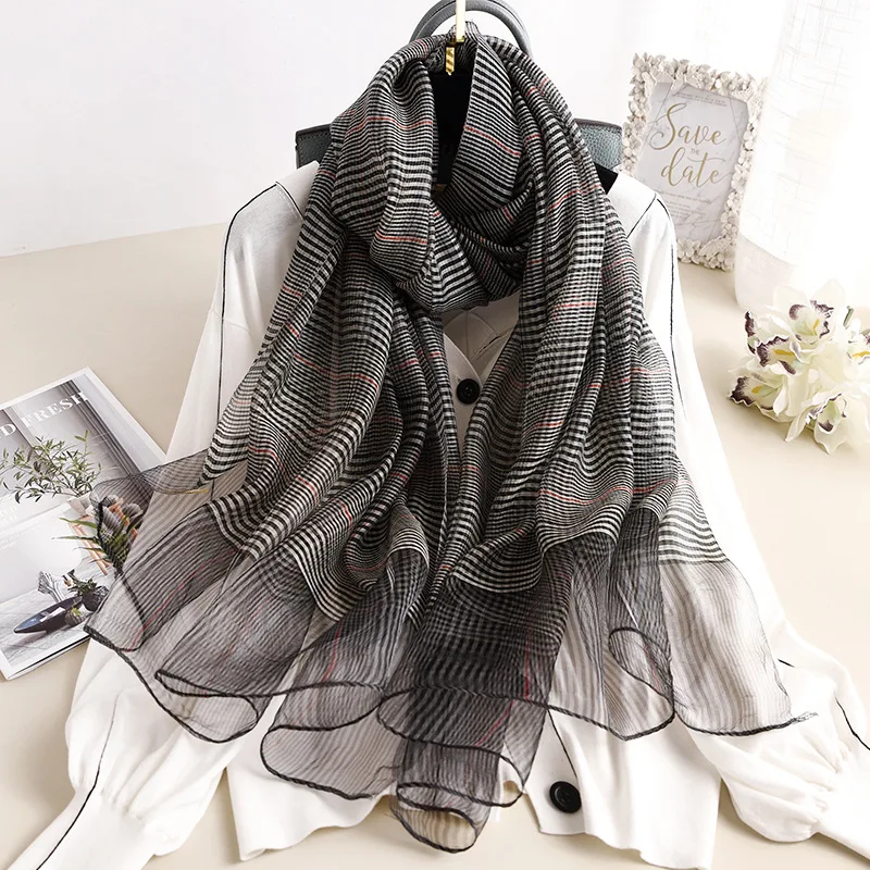 

Silk Scarf Women Soft Long Autumn Winter Scarves Fashion 2022 Solid plaid Shawls and Wraps High Quality Foulard Pashmina Hijab