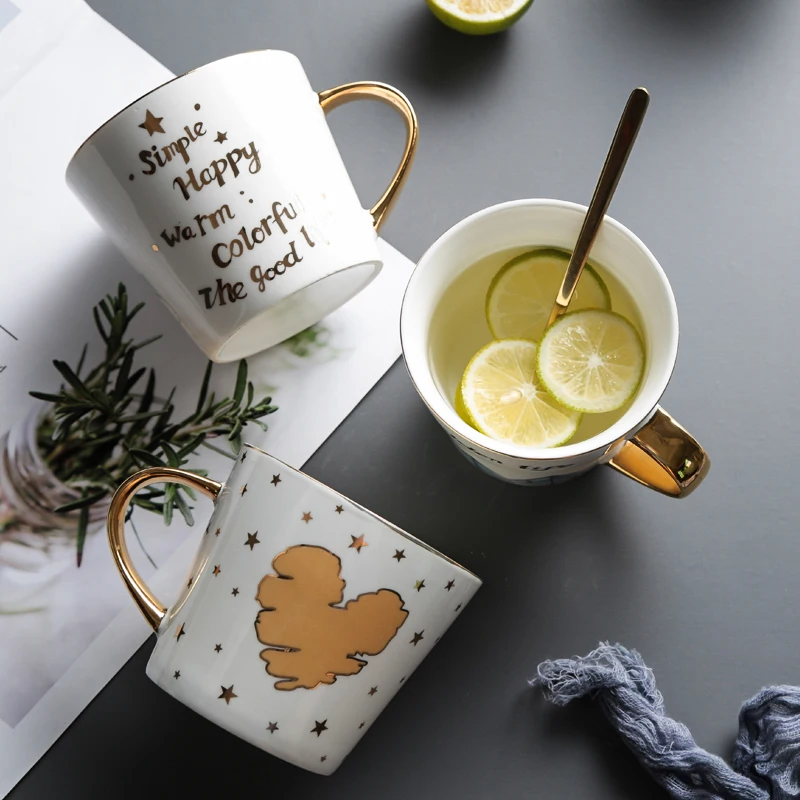 

European Coffee Mugs Ceramic Creative Luxury Hand Painted Golden Handle White Cup Kubek Do Kawy Couple Gifts with Lid EC50BZ