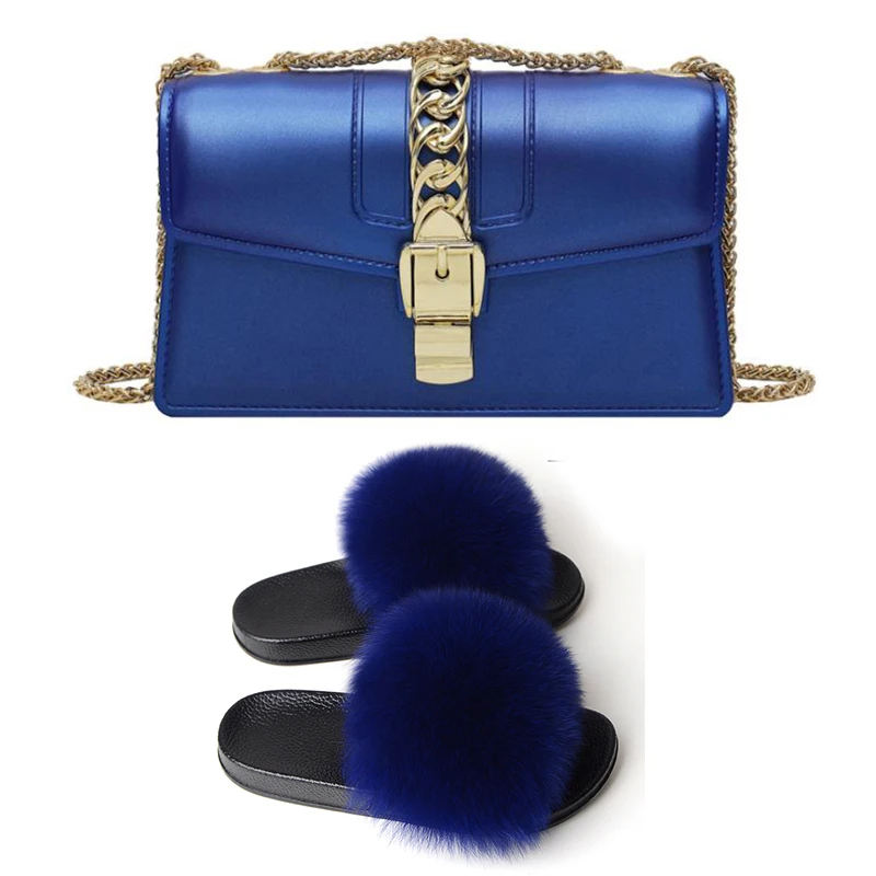 

Women Shoes Furry Snug Sandals With Purses Sets Real Fox Fur Slides And Handbags Extra Fluffy Slippers And Jelly Bags To Match