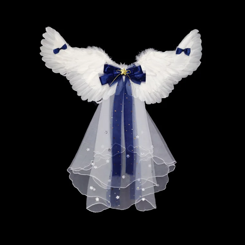 

Cute Feather Angel Wings Decorated With Bowknot Veil For Girls Halloween Cosplay Party Children's Clothing Accessories
