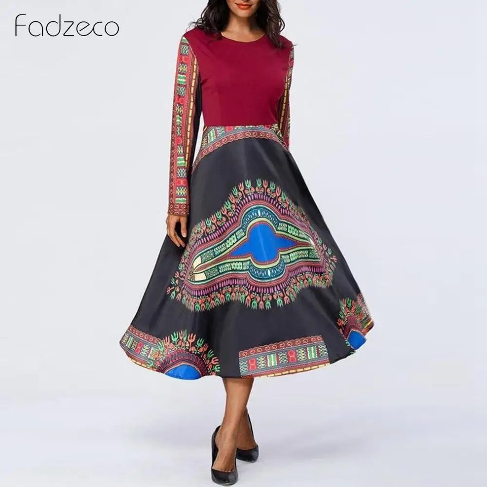 Fadzeco Новое Африканское платье Femme модное миди с принтом длинными рукавами
