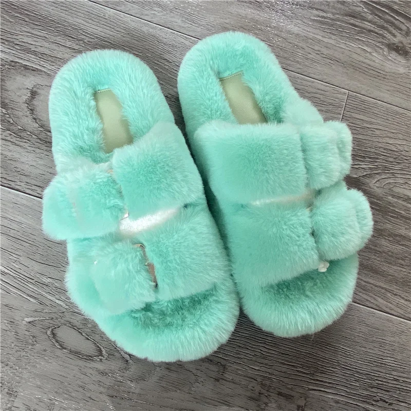 

Women'S Slippers 2021 New High Imitation Mink Hair Slippers Double Breasted Casual Flat Bottomed Soft Sole Shoes