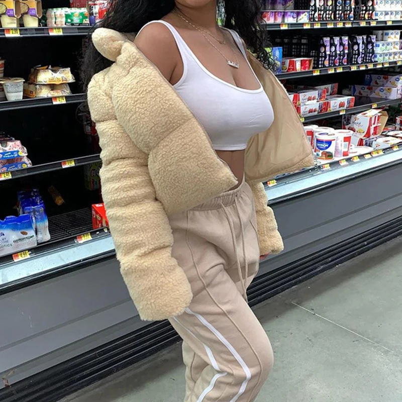 Short Fluffy Jacket Autumn Winter Parkas Lamb Wool Cotton Coat Stand Collar Fashion Casual Simple Warm Outwear Khaki Streetwear