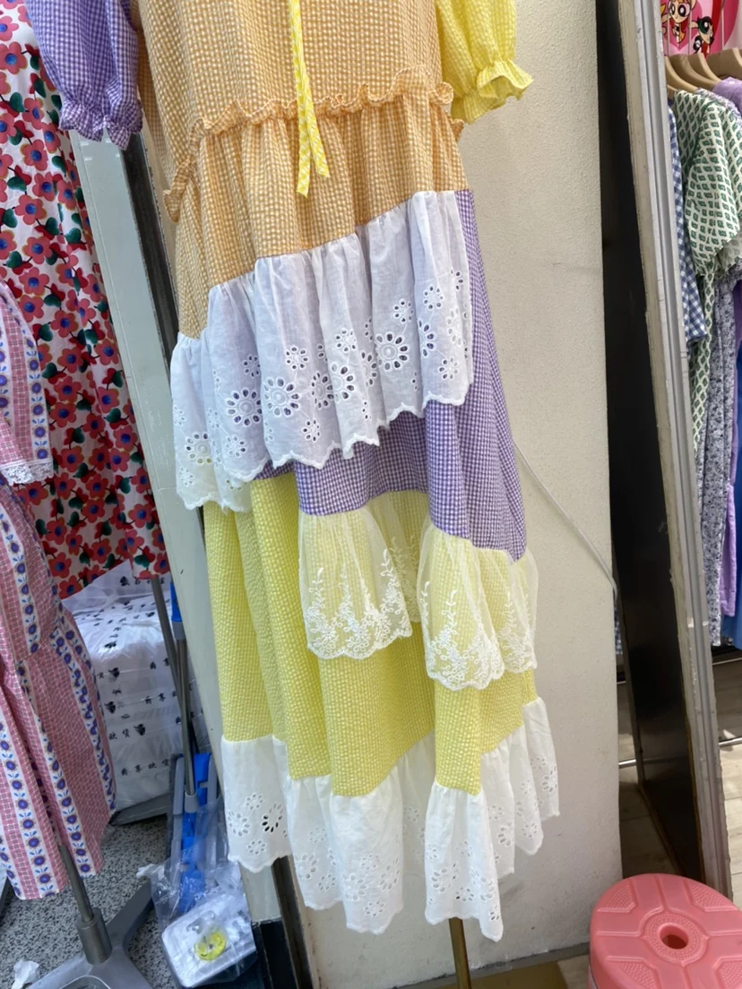 

Summer Dresses Women Lolita Cute Dress Short Lantern Sleeve Long Casual Loose Plaid Lace Ruffles Dresses Vestidos de Fiesta NS25