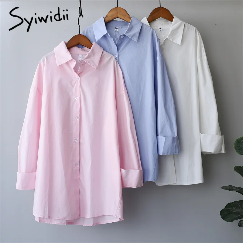Syiwidii Button Up Shirt Pink Cotton Long Sleeve Blouse Woman Loose Oversize Office Lady Tops Korean Fashion Fall 2021 New | Женская