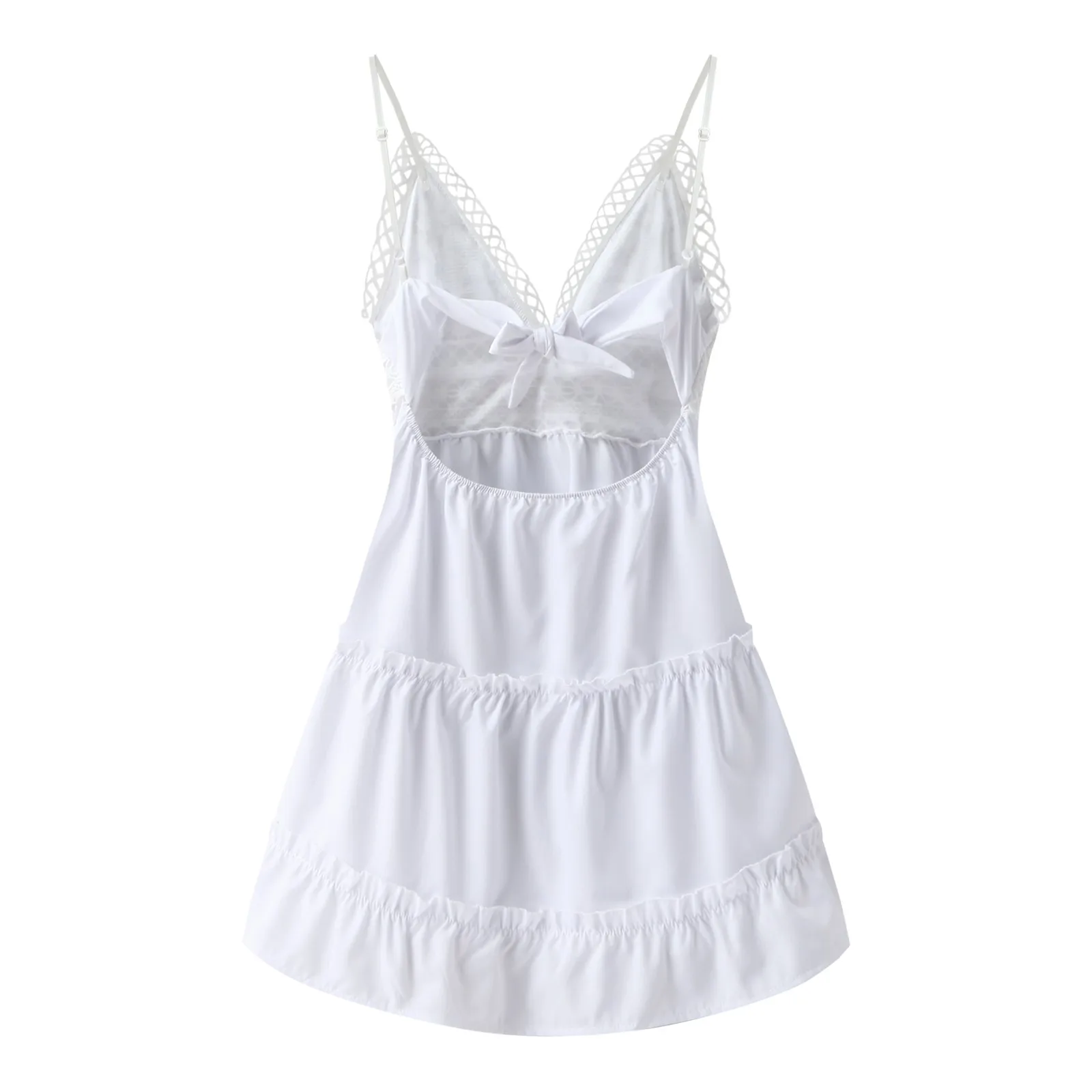 

Spaghetti Strap Dress For Women Summer Lace Hollow Deep-V Backless Sleeveless Dresses Female Beach Mini Dress#35