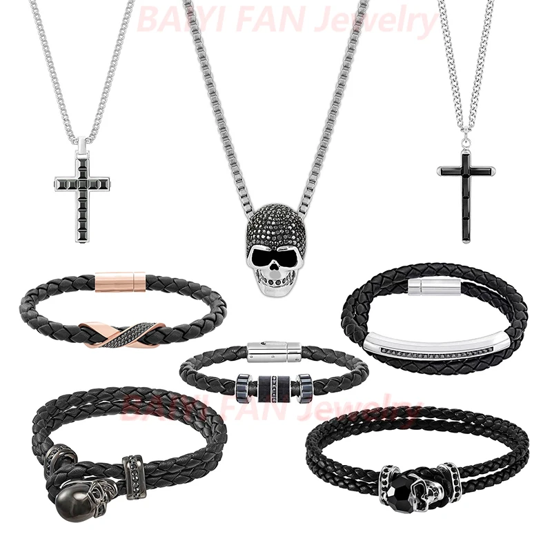 

2021Fashion Jewelry SWA New Retro GOVERN Skull Leather Bracelet Black Crystal Handsome Jewelry Give Romantic Gift For Boyfriend