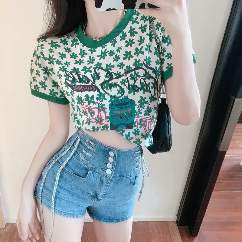 

Women's Thin Short Sleeve T Shirt Summer 2021 Floral Short Printing Slim Top Female Streetwear Round Neck Casual T Shirt