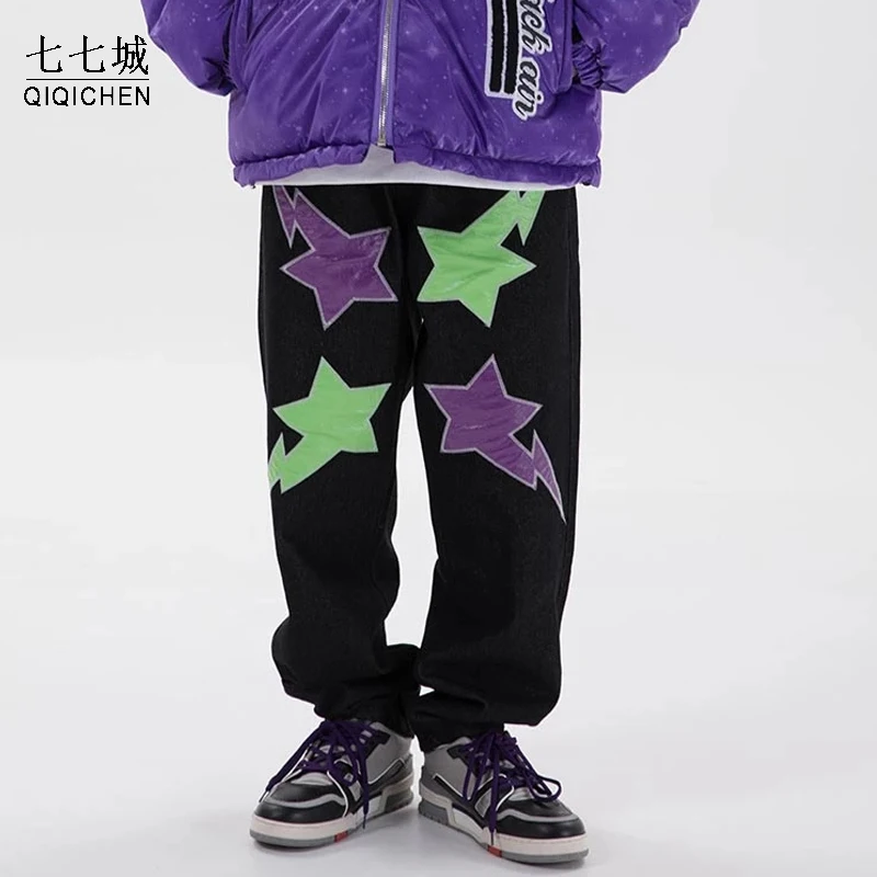 

Stars Letter Patch Denim Pants Mens and Womens Streetwear Washed Vintage Straight Jeans Hip Hop Harajuku Casual Trousers