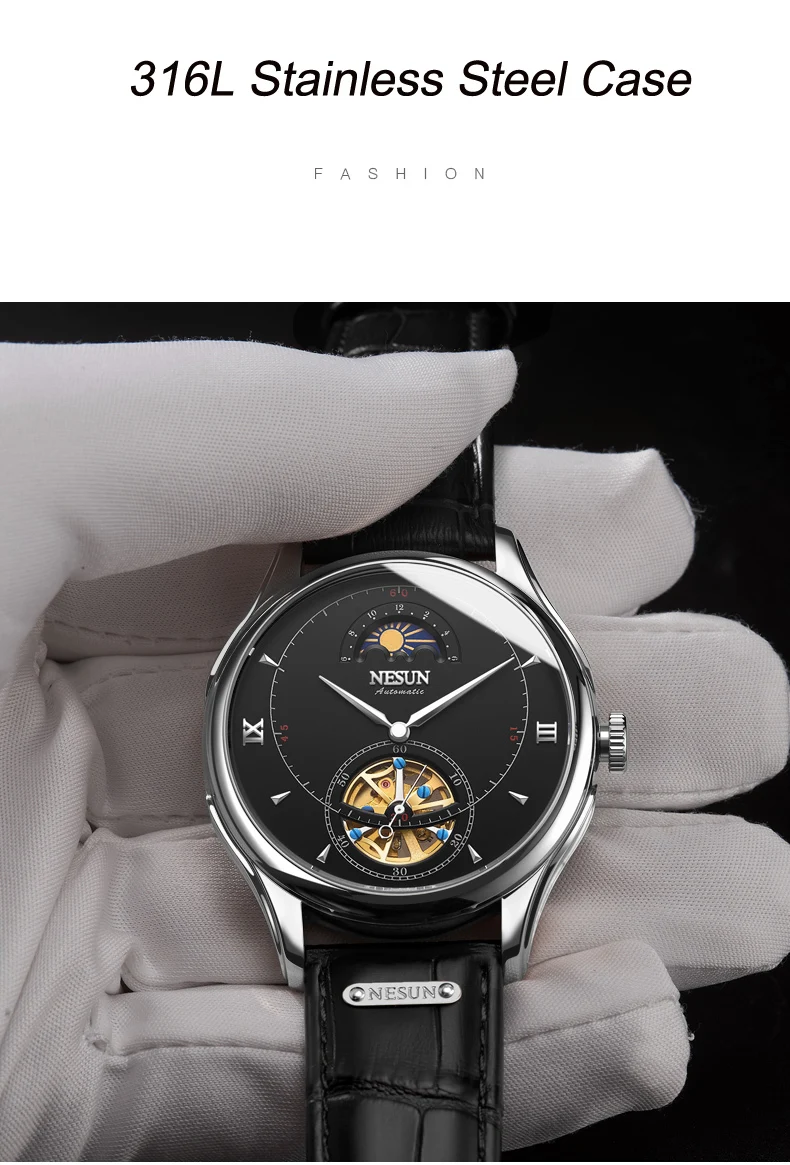 Nesun Tourbillion автоматические механические мужские часы с скелетом, роскошные Брендовые мужские часы, водонепроницаемые мужские часы, N9038-4