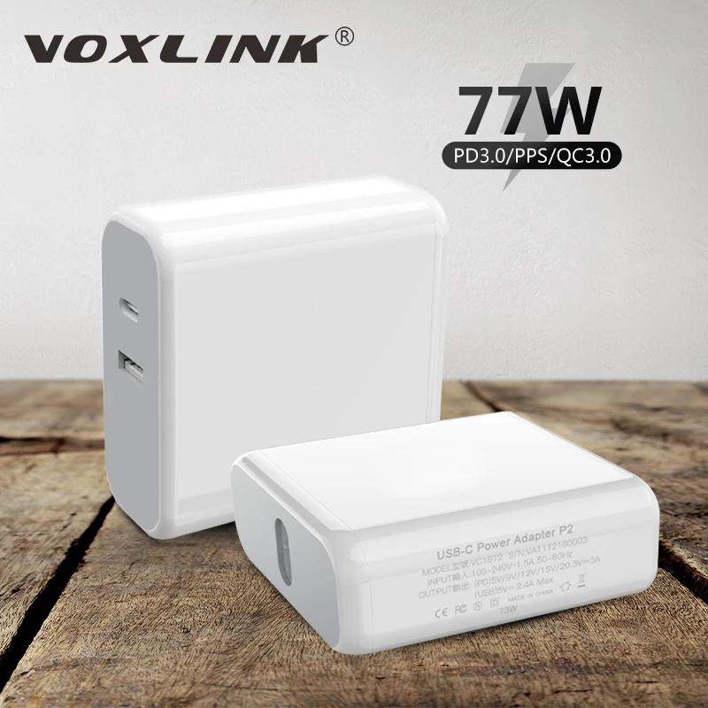 

Зарядное устройство VOXLINK 77 Вт GaN PD QC3.0 65 Вт/45 Вт USB C адаптер для быстрой зарядки с 2 портами Usb-станция для IPhone 13 Pro Macbook Xiaomi Huawei