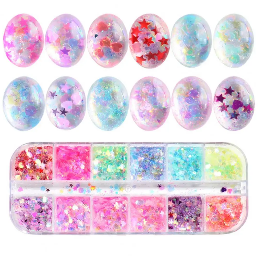 

12 Grids/Box Nail Sequins Easy to Apply DIY Creation Plastic Star Moon Nail Ornament Stickers for Personal Use
