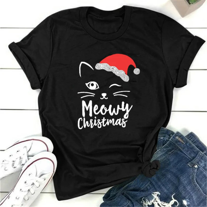 

Meowy Christmas Cat Print Women T Shirt Short Sleeve O Neck Loose Women Tshirt Ladies Tee Shirt Tops Clothes Camisetas Mujer