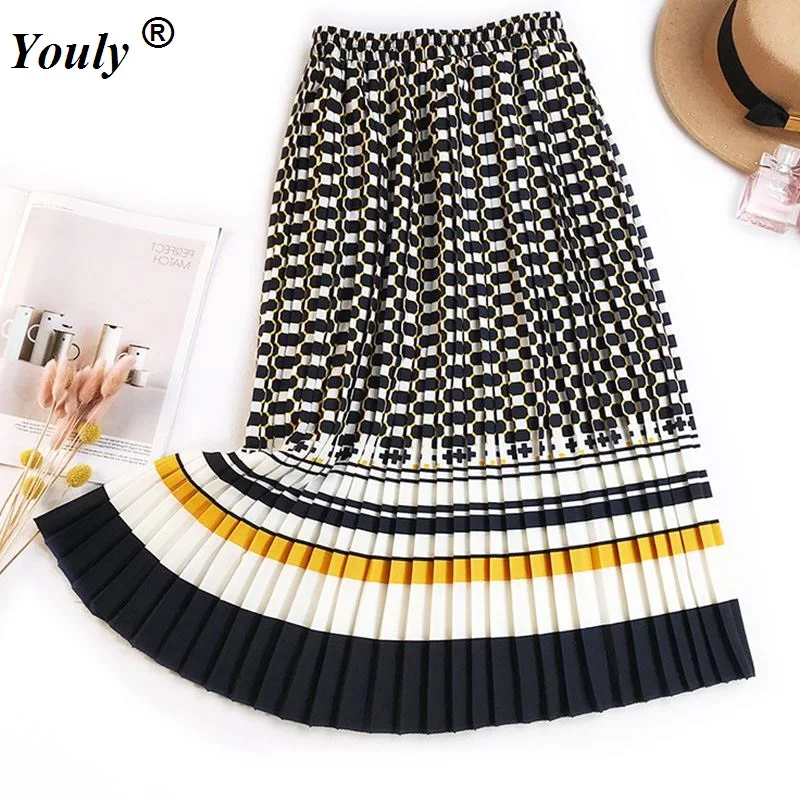 2021 Spring Summer Casual Loose Stripe Cultural Printed Pleated Skirt Contrasting Color Striped Floral-Print Slim A- Line Skirt