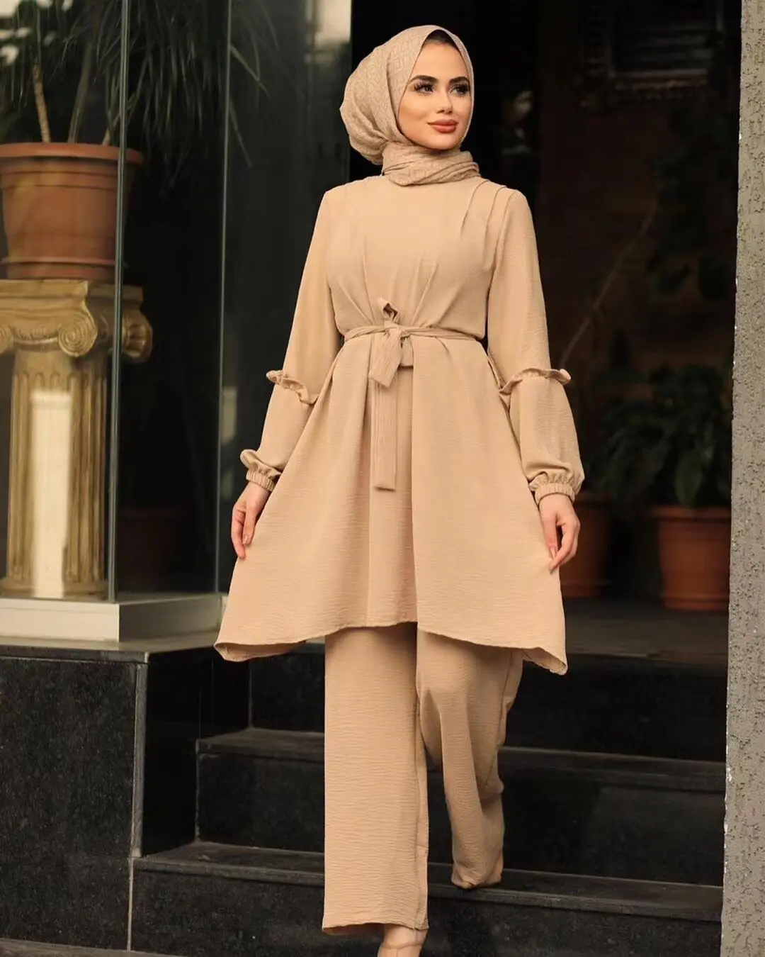 

Eid Two Piece Abaya Hijab Caftan Abayas Musulman Ensembles